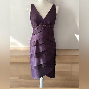 Women Alex Evenings Purple Sleeveless Layered Ruffle V-Neck With Beaded Waist